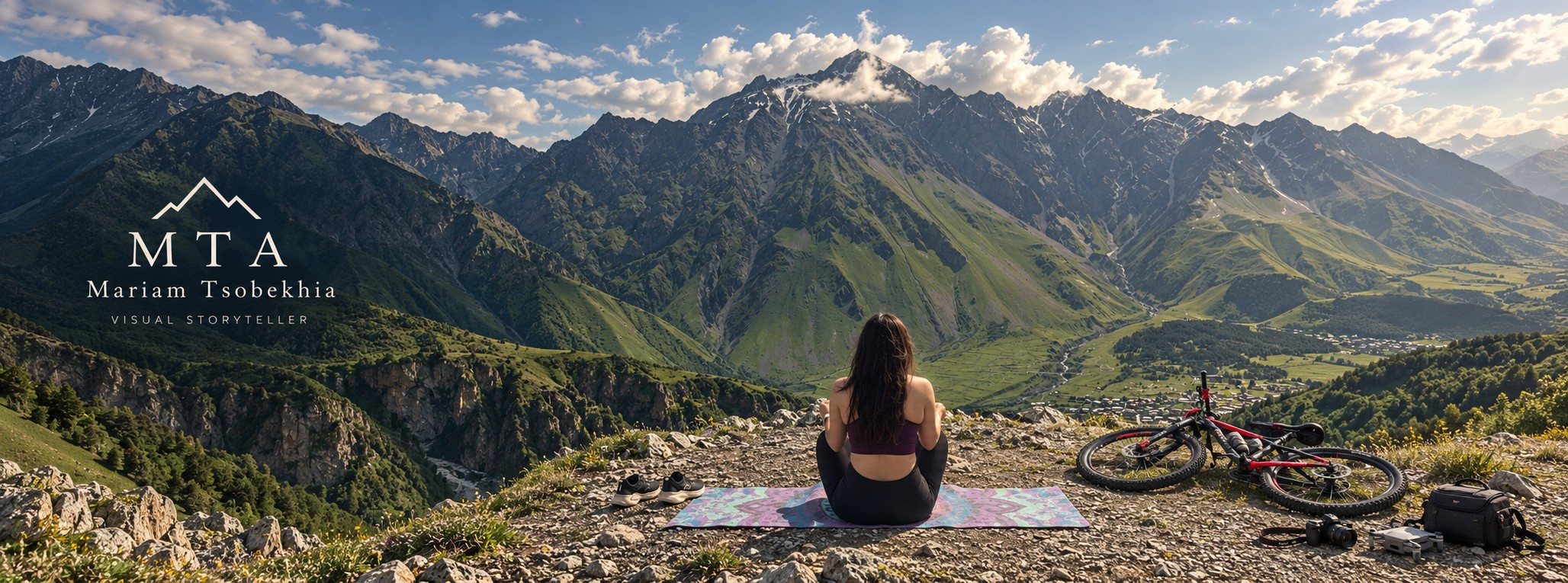 Mariam sitting on a yoga mat on a mountain ridge, looking out over a green valley in the Caucasus
